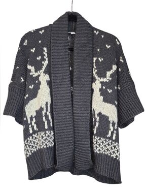 Wooden Ships Wool Blend Open Front Short Sleeve Deer Cardigan Sweater Size M/L